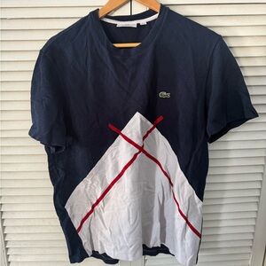 Lacoste Men's Navy and White Tee with Red Accents